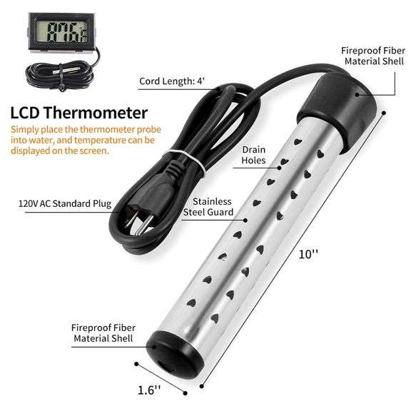 Portable Immersion Water Heater with Stainless Steel Cover, Quick Heating Immersion Heater with LCD Thermometer, Anti-scalding Bucket Heater for Indoo