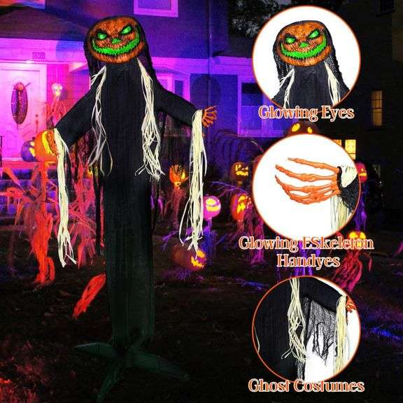 JETEHO Animated Halloween Decorations Outdoor, Life-Size Animatronic Pumpkin Man Halloween Decoration, Halloween Evil Prop with Spooky Sound & Touch A