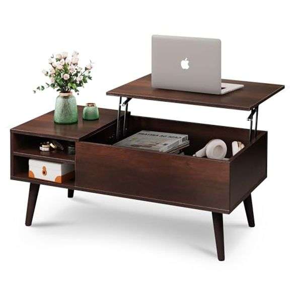 WLIVE Lift Top Coffee Table for Living Room,Small Coffee Table with Storage,Hidden Compartment and Adjustable Shelf,Mid Century Modern, Wood,Cherry,Es