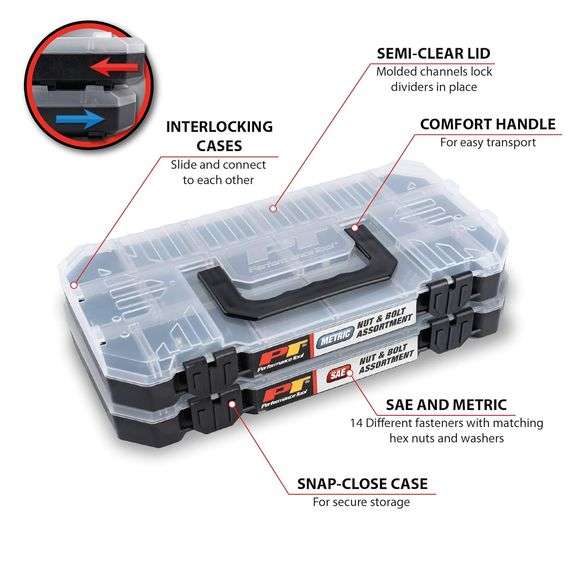 Performance Tool W5264 740pc Hardware Assortment Kit with SEA & Metric Nuts, Bolts & Washers, Stacking Interlocking Clear Lid Bins for Maximum Portabi