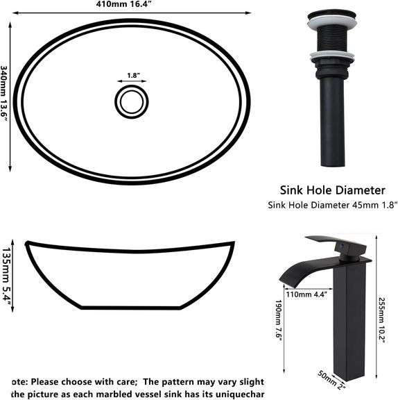 Kukworye Ceramic Vessel Sinks Oval Bathroom Sink Above Counter Vessel Sink with Faucet and Drain Combo 16 inch Marbling Vessel Bathroom Sinks Bowl