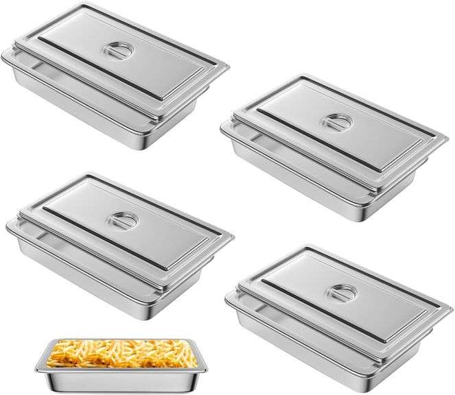 4 Pack Hotel Pan with Lid 3.7" Deep Steam Table Pan 20.8" L x 13" W Commercial Stainless Steel Pan