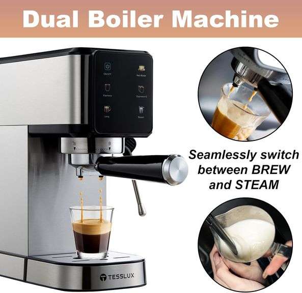 tesslux 20 Bar Espresso Coffee Machine, Double Boiler Espresso Maker with Steam Wand Milk Frother, Compact Coffee Machine for Home, Touch Control, Cap