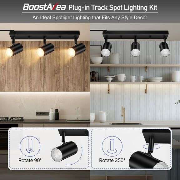 BoostArea LED Track Lighting Ceiling Fixtures, Black 3-Light Plug in Track Lights for Kitchen, 3 Way Ceiling Spotlight, 15 FT Cord,Flexibly Rotatable
