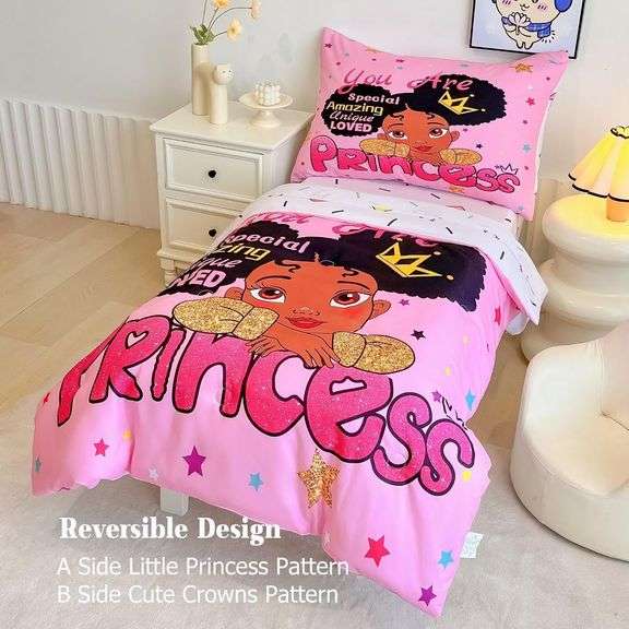 GRAT TIOC 4 Piece Toddler Bedding Set for Girls,Toddler Black Girl Magic Comforter Set,Black Princess Toddler Bed Comforter Set Includes Comforter, Fl