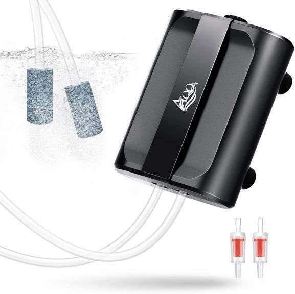 AQQA Aquarium Air Pump,3.5W 5W Dual Outlet Oxygen Pump with 2 Air Stone,Adjustable Air Valve Quiet Bubbler Pump,Up to 160 Gallon Fish Tank