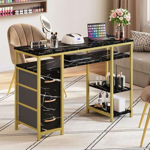 DWVO Nail Desk, Manicure Table, Marbling Texture Manicure Station with 3 Drawers, Acetone Resistant Nail Tech Desk for Beauty Salon Spa (white )
