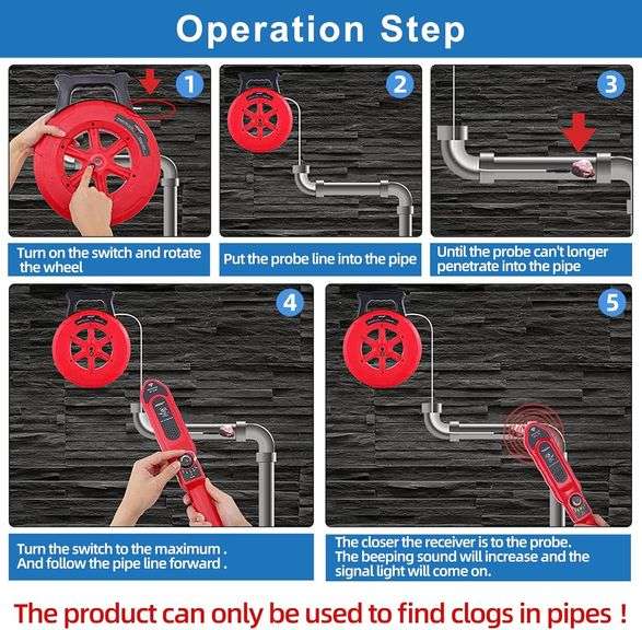 Yeipower Pipe Blockage Detector Locators-Sensor - Water Pipe Wall Scanner 40M Pipeline Detector Metal PVC Water Pipes Clogging Tool