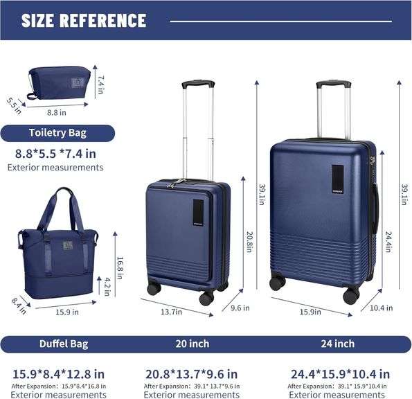 WireHot 3-Piece Carry-on Suitcase Front Open Hardshell Lightweight Luggage Sets with Spinner Wheels and TSA Lock for Carry On Travel, Luggage+Toiletry