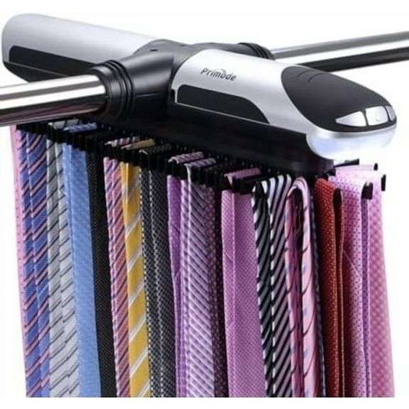 Motorized Tie Rack Closet Organizer with LED Lights Includes J Hooks for Wired Shelving Stores Up to 72 Ties & 8 Belts Operates with Batteries