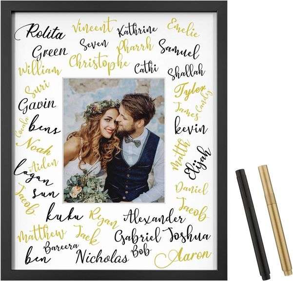 ONE WALL Tempered Glass 16x20 Signature Picture Frame with White Mat Display 8x10 Photo for Wedding, Celebrations and Graduation, Black Wood Frame for