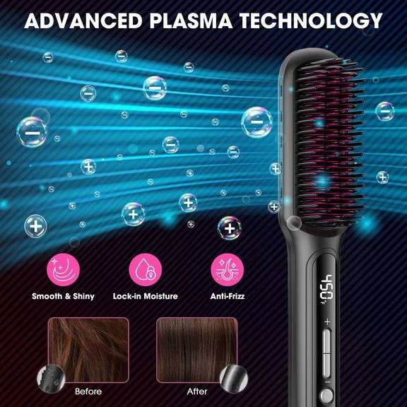 MiroPure Hair Straightener Brush with Plasma Technique, Ceramic Straightening Brush with 16 Temp Settings 30s Fast Heating, Hair Straightener Comb for