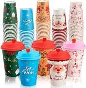 CUPLOOV 100 Pack Christmas Hot Coffee Cups with 50Pcs Lids, Xmas 12 Oz To Go Coffee Cups Hot Chocolate Cups, Christmas Disposable Paper Cups for Hot C