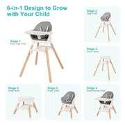 Baby High Chair, 6 in 1 Wooden Convertible High Chairs for Babies and Toddlers, Booster Seat with Double Tray & Reversible Footrest Baby Highchair, 5-