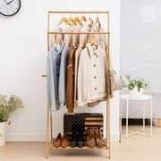 COPREE Bamboo Garment Coat Clothes Hanging Heavy Duty Rack Foldable Space Saving Stand with 2 Top Rod and Lower Shoe Clothing Storage Organizer Shelve