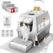 Fully Enclosed XXL Stainless Steel Litter Box with Lid, 8 Deep Pan, Large Stainless Steel Cat Litter Box for Big Cat with Scoop, Step Board, Mat, Brus