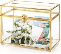 Okllen Glass Wedding Card Box with Lock and Slot, Gold Rim Envelop Box Gift Holder, Vintage Clear Card Box for Wedding Reception, Baby Shower, Birthda