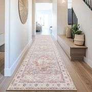 BESTSWEETIE 2x10 Area Rugs Machine Washable No Pile Non Slip Vintage Rugs for Living Room&Bedroom&Dinning Room Bohemian Distressed Carpet Indoor,Pink