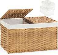 SETVSON Storage Basket with Lid Rattan Woven Storage Baskets with 2 Separate Lids, 17.2 Gallon (65 L), 22 x 13 x 13.8 Inches,Foldable, 2 Removable Lin