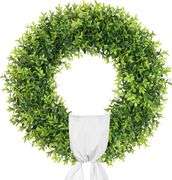 Petalyn Artificial Green Leaves Wreath for Front Door,24 inch Boxwood Wreath with Sash for Spring, Summer, Front Door, Farmhous,Window,Hanging Wall, A