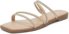 vodvob Women's Rhinestone Flat Sandals Slip on Memory Foam Sandals Open Toe Slide Sandals