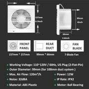 White 55 CFM 12W Plastic 4 in. Electric Powered Exhaust Fan, Small Window Wall Mount Vent Extractor Fan for Workshop