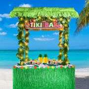 Auihiay 124PCS Tiki Bar Hut Kit, Portable Outdoor Tiki Bar Decor with Grass Table Skirt, Tablecloth, Flower Garland, and LED Lights for Hawaiian Luau