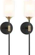 BYOLIIMA Industrial Mid Century Wall Sconce Set of 2 with White Cylinder Glass Shades Modern Bathroom Vanity Wall Lamp Black and Gold Finished Wall Li
