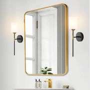 BYOLIIMA Industrial Mid Century Wall Sconce Set of 2 with White Cylinder Glass Shades Modern Bathroom Vanity Wall Lamp Black and Gold Finished Wall Li