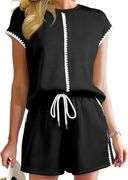 (M) SHEWIN Women's Two Piece Lounge Sets Casual Short Sleeve Pullover Tops Matching Drawstring Shorts Cozy Pajamas Set