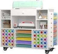 Craft organization and storage Cart Compatible with Cricut Machine, Rolling Craft Organizer With large drawer & 48 Vinyl Roll Holder, Crafting Cabinet