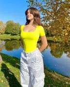 (S) OQQ Women 2 Piece Bodysuits Short Sleeve Square Strech Basic Shirts Bodysuits