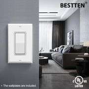 10 Pack BESTTEN Single Pole Decorator Wall Light Switch with Wallplate, 15A 120/277V, On/Off Rocker Paddle Interrupter, cUL Listed, White