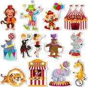 Nezyo 200 Pcs Carnival Cutouts Circus Bulletin Board Decoration Clown Juggling Theme Cut-Outs Accents with 400 Glue Points DIY Crafts for Carnival Cir