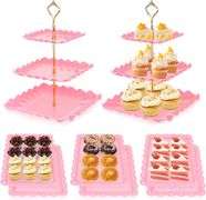 DI QIU REN 8 Pcs Dessert Table Display Set Plastic Square Pink Cupcake Stand 2Pcs 3 Tier Cupcake Stands with Gold Rod Cookie Tray Rack Serving Tower 6