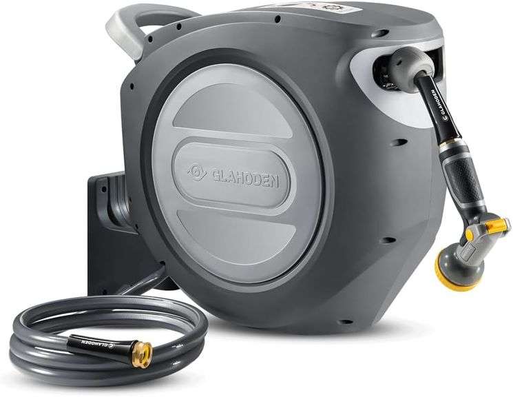 GLAHODEN Retractable Garden Hose Reel 5/8 in x 115 ft Metal Bracket, 2025 Upgraded Dual Ratchet Lock UV & Freeze Protection Brass Seal Slow Retraction