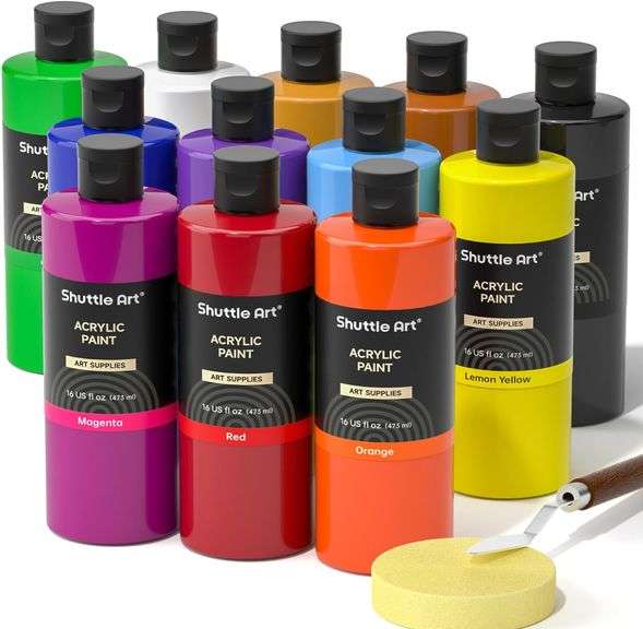 Shuttle Art Acrylic Paint, 12 Colors Acrylic Paint Large Bottle Set, 473ml/16oz Each, Rich Pigments, High Viscosity, Bulk Paint for Artists, Beginners