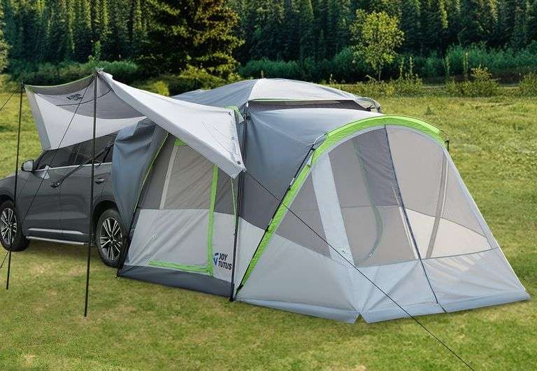 JOYTUTUS SUV Tent with Screen Porch and Awning for Family Camping, Big Space Car Tent for 4-9 Person, Dual-Use SUV or Camping with Rainfly, Double Doo