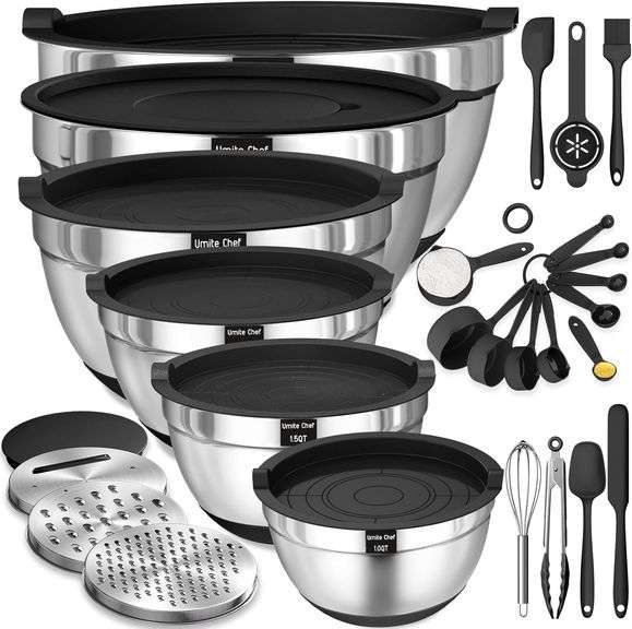 Umite Chef Mixing Bowls with Airtight Lids, 26Pcs Stainless Steel Bowls Set, 3 Grater Attachments & Black Non-Slip Bottoms Size 7, 4, 2.5, 2.0,1.5, 1Q