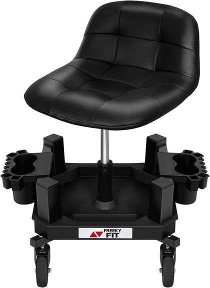 FreekyFit Rolling Stool with Wheels, Adjustable Shop Stool Mechanic Seat, Garage Shop Roller Work Chair, Mobile Rolling Seat with Tool Tray, 2 Cup Hol