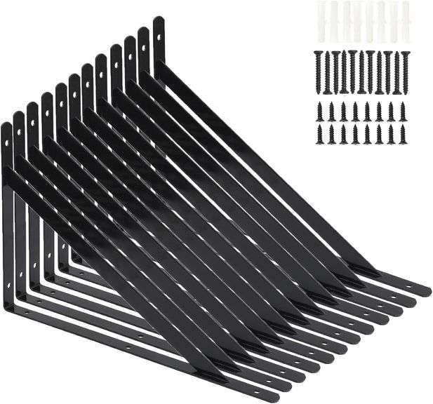 12 Pack L12 X H 8" Black Heavy Duty Shelf Brackets With Screws Metal Shelf Brackets Shelf Support Angle Brackets For Shelves L Brackets Heavy Duty Floating Shelf DIY