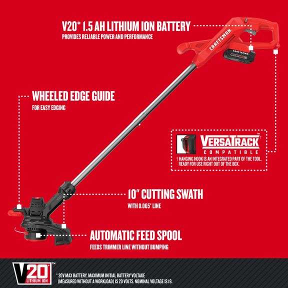 CRAFTSMAN V20 20-volt Max 10-in Straight Cordless String Trimmerwith Edger (Battery & Charger Included)
