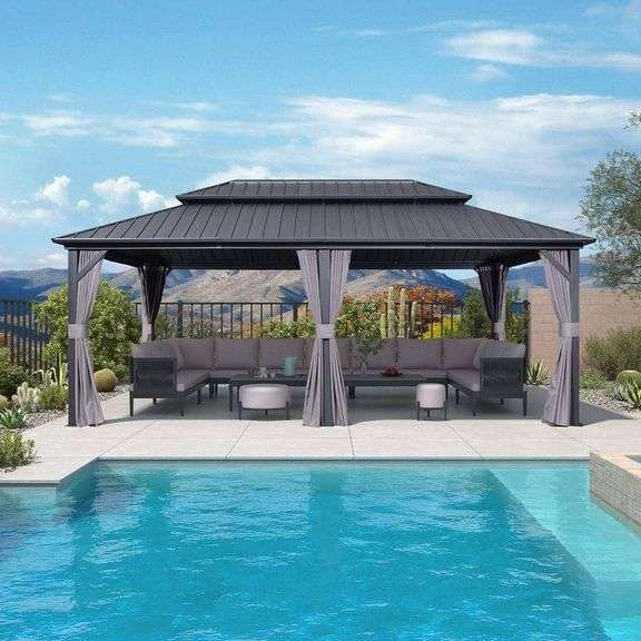 12 ft. X 20 ft. Gray Aluminum Hardtop Gazebo Canopy with Netting and Curtains
