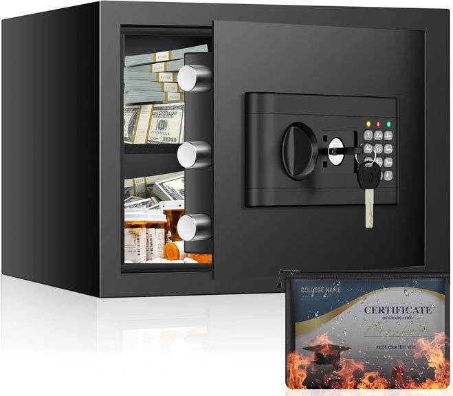 9.84 Inchs Safe Box for Home, 1.2 Cuft Small Home Safe with Fireproof Money Bag, Digital Keypad, Spare Keys and Removable Shelf, Personal Security Loc