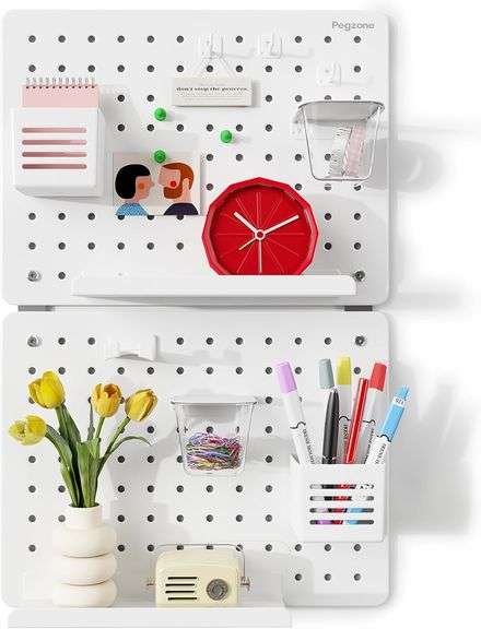 PEGZONE Pegboard Wall Organizer Combination Kit, Overall 25.4"x16.6" Metal Office Pegboard with 13 Accessories, Wall Mounted Peg board Display Panels