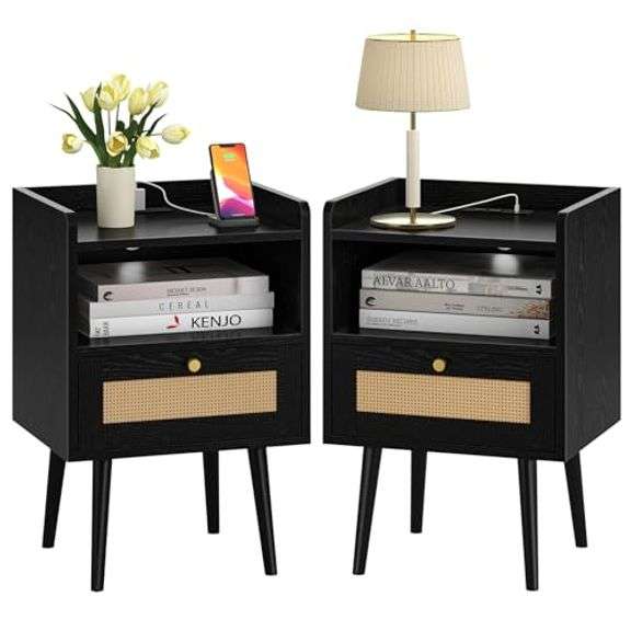 Night stand Set of 2, Bedside Tables with Charging Station, Rattan End Tables, Bed Side Tables, Wood Nightstands set of 2 for Farmhouse Kids' Room Bed