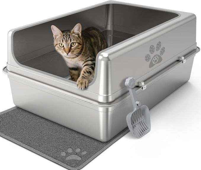 Enclosed Stainless Steel Cat Litter Box with Lid, Oversize Metal Litter Box for Multi Cats, Extra XXL Cat Toilet with High Side, Non-Stick, Anti-Leaka