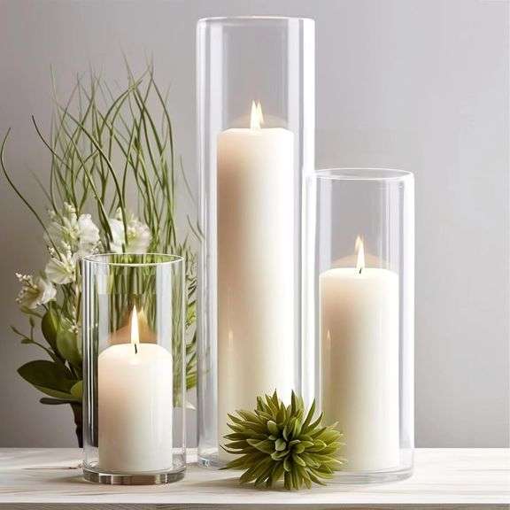 Set of 12 White Pillar Candles with Glass Cylinder Vases Clear Hurricane Glass Candle Holders for Centerpieces Ideal for Weddings Parties and Decor Sa