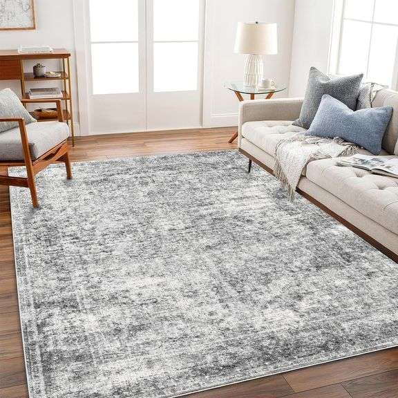 CHAMPLANT Area Rug 10x14 Washable Gray Vintage Traditional Mat Distressed Indoor Foldable Thin Retro Accent Floral Non Slip Carpet for Living Room Din