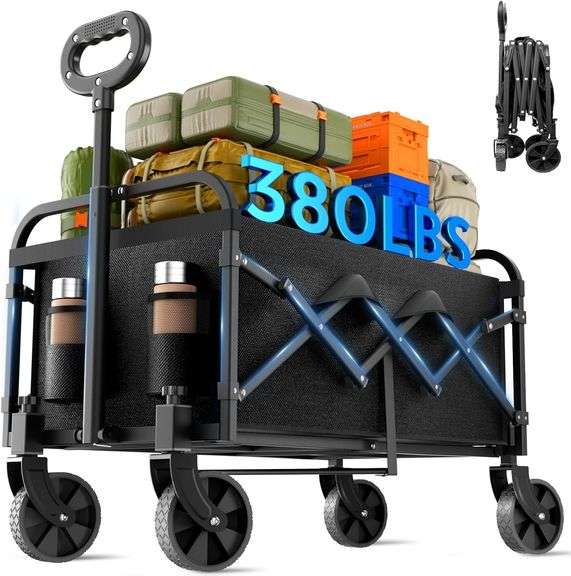 Collapsible Wagon 380 lbs, Heavy Duty Wagons Carts Foldable, Shopping Cart with All-Terrain Wheels & 2 Drink Holders, Weatherproof, Wagon Cart for Hom
